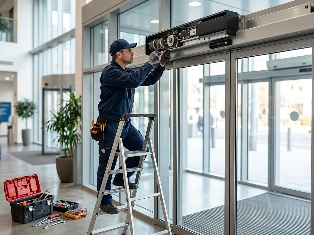 Technicien FDM 35 installant une porte automatique