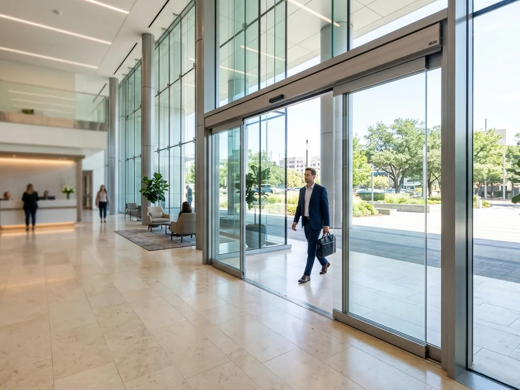Installation de porte automatique pour hall d'accueil de bureau par FDM 35
