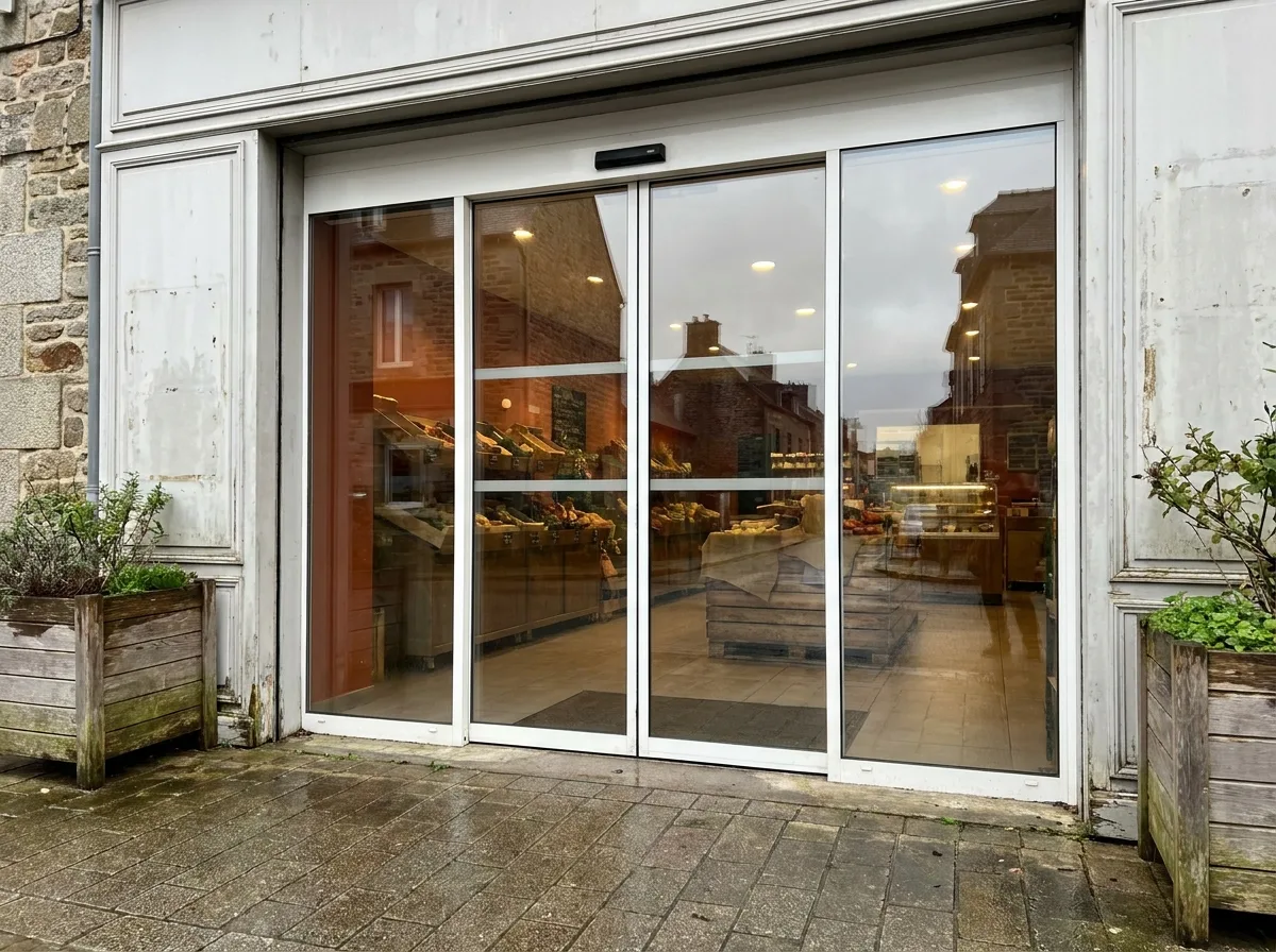 Installation de porte automatique piétonne pour commerce à Montauban-de-Bretagne par FDM 35
