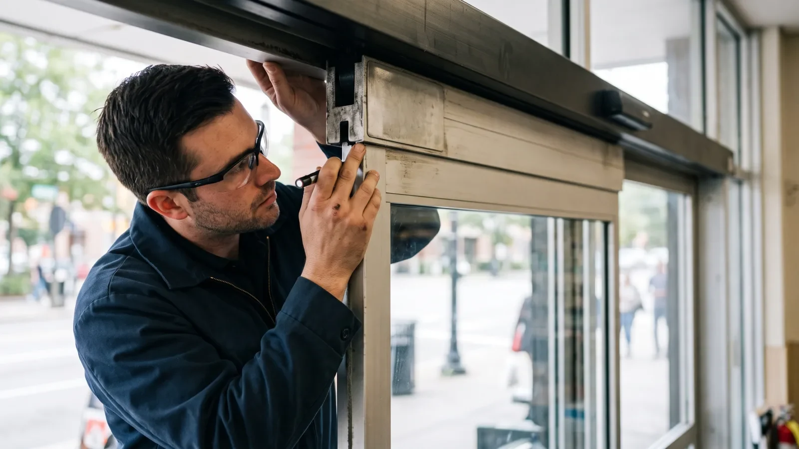 Technicien examinant la plaque signalétique d'une porte automatique sans notice disponible