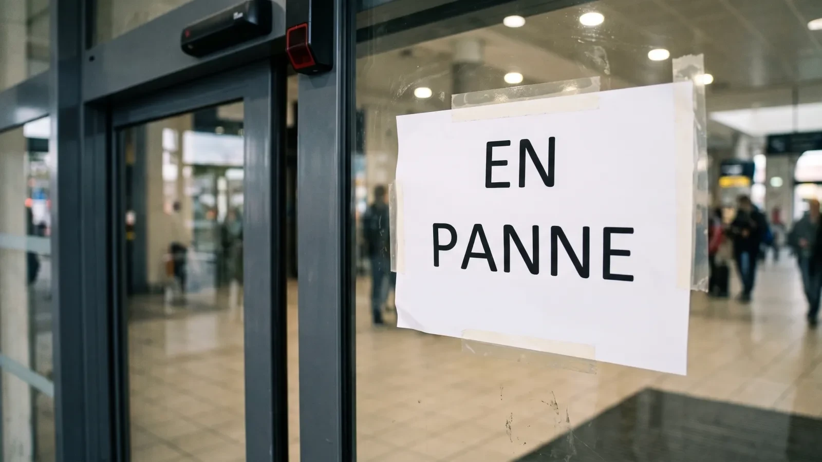 Technicien FDM35 teste le comportement d'une porte automatique pendant une coupure de courant simulée.
