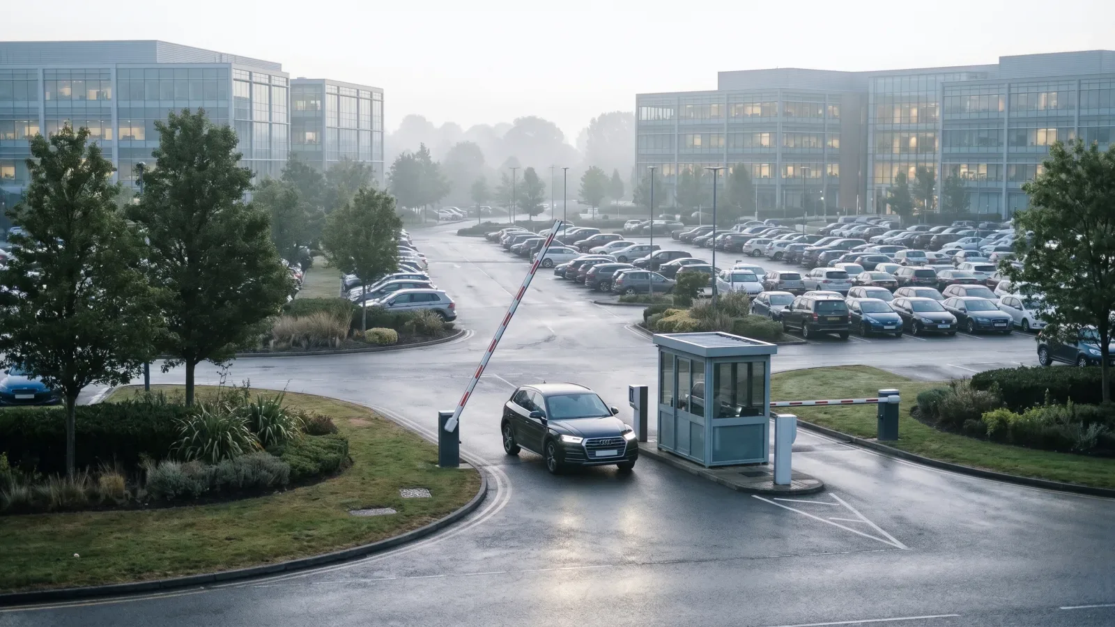 Barrière automatique de parking levée laissant passer une voiture